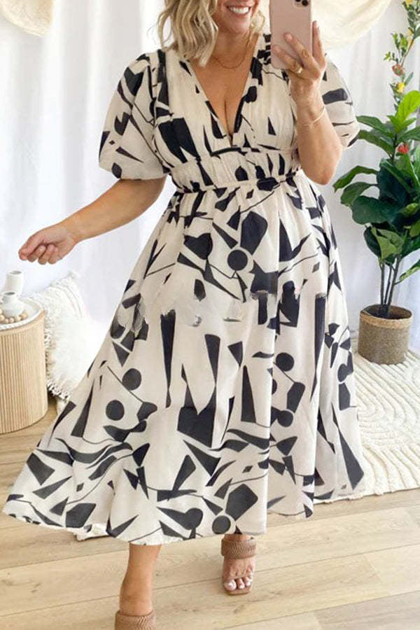 V Neck Multi Print Stretch Waist Hidden Zip Maxi Dress