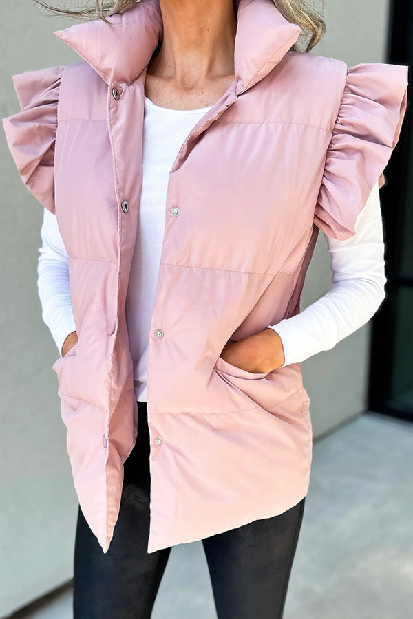 Remi Ruffled Sleeves Buttoned Lapel Pocket Vest Coat