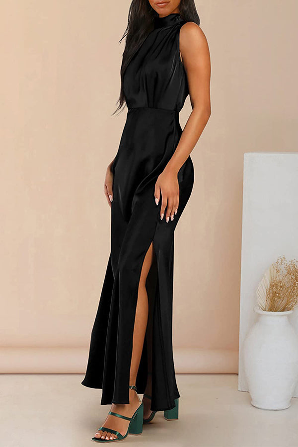 The Story of Us Satin High Neck Slit Maxi Dress