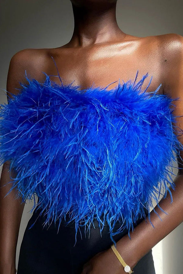 Fancy Night Out Off Shoulder Feather Crop Top
