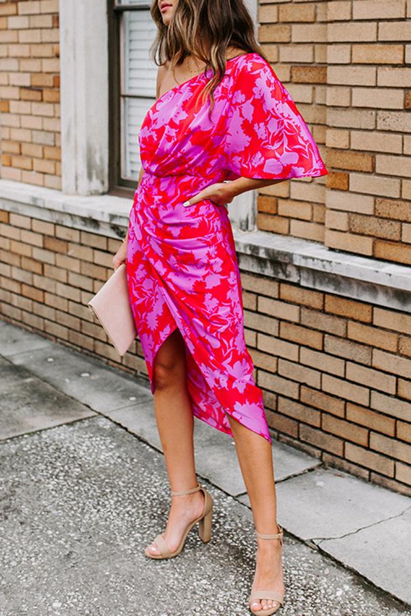 One Shoulder Floral Drape Party Dress