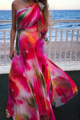 Multicolor Printed High Waisted One Shoulder Pleated Tie Maxi Dress