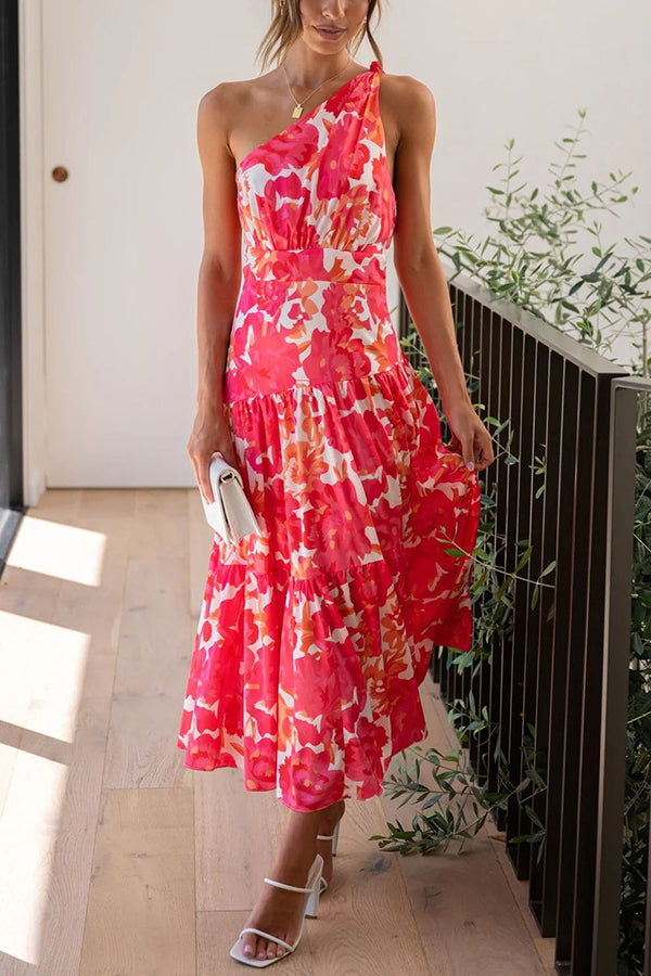 Just Met You Floral Knot Detail One Shoulder Tiered Maxi Dress