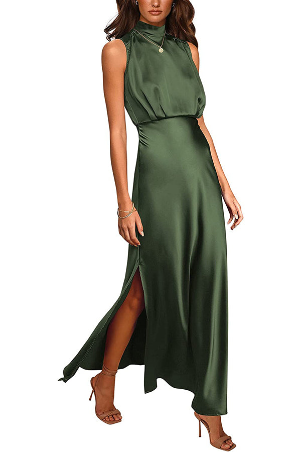 The Story of Us Satin High Neck Slit Maxi Dress