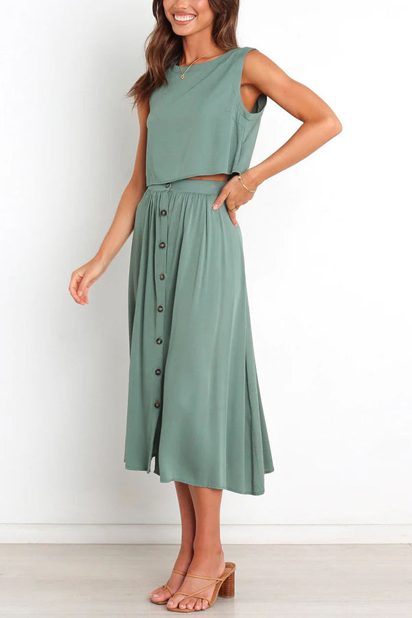 Lainey Crop Top and Pocketed Button Front Midi Skirt Set