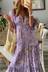 Lavender Flavor Printed Long Sleeve Button A-line Maxi Dress