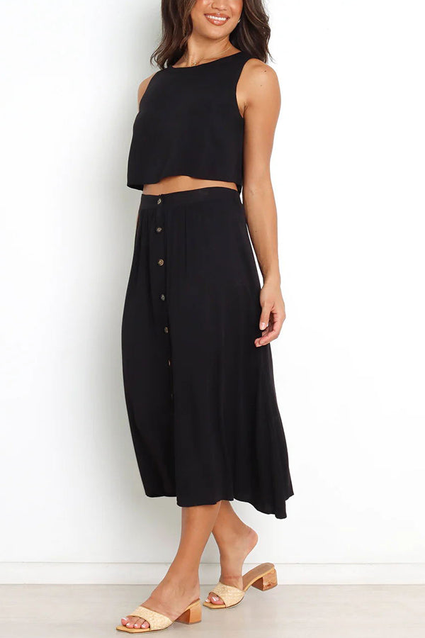 Lainey Crop Top and Pocketed Button Front Midi Skirt Set