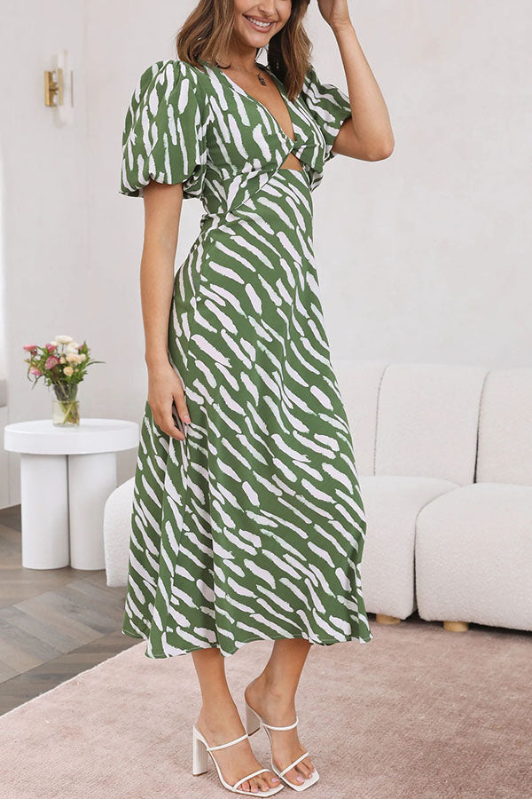 Sweetest Hello Printed Balloon Sleeves Twist Midi Dress