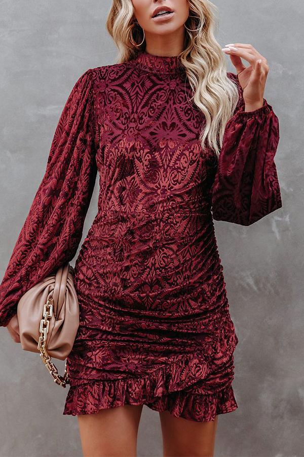 Velvet Burnt Flower Ruffled Irregular Dress