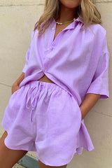 Beyond The Waterfall Button Down Loose Blouse Shorts Suits