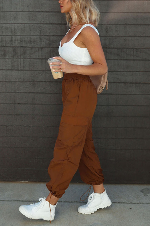 Rewind Nylon Elastic Waist Pocketed Cargo Pants