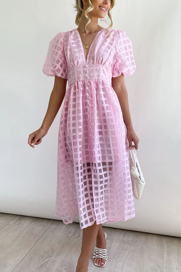 Remarkable Beauty Square Patterned Fabric Puff Sleeve Midi Dress