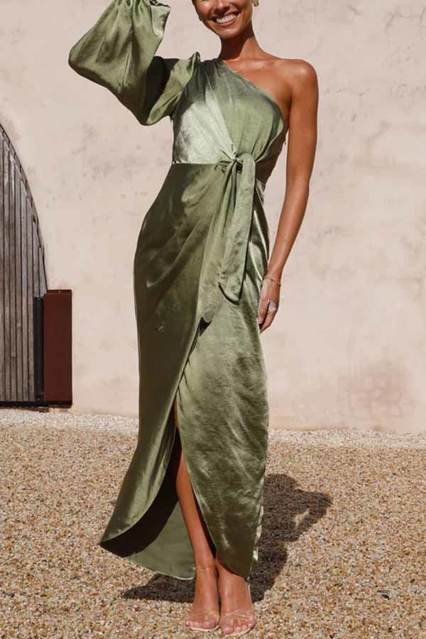 Endearing Romance Satin One Shoulder Front Tie Up Slit Maxi Dress