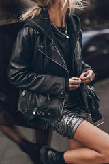 Rebellious Look Biker Style Faux Leather Metal Hardware Zip Pockets Relaxed Jacket