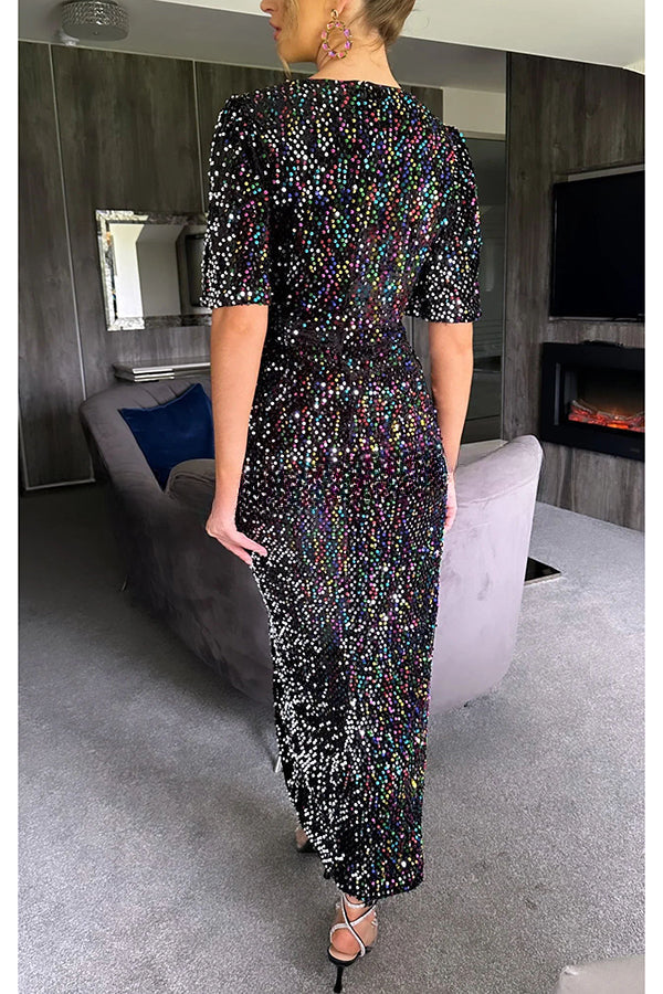 Glow All Night Sequin Bell Sleeves Slit Party Maxi Dress