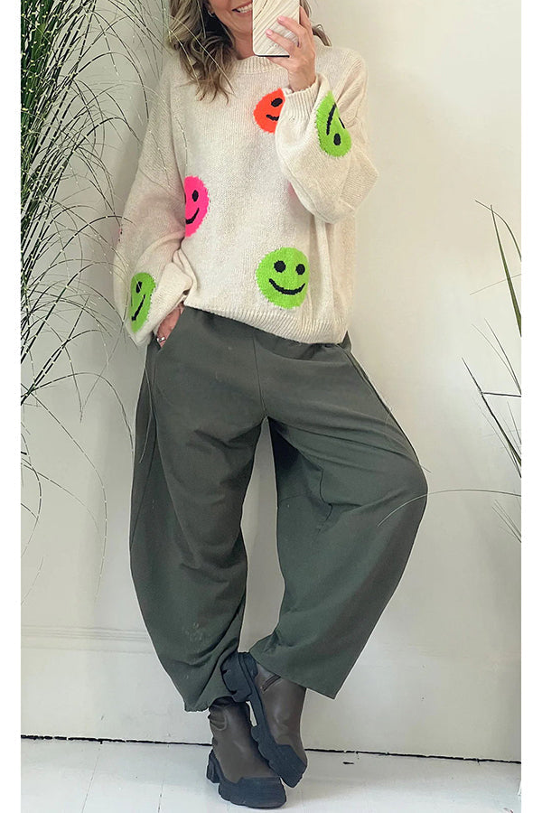 Smiley Face Knit Dropped Shoulders Loose Pullover Sweater