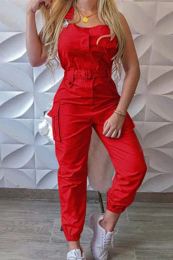 Nastia Pocket Buckle Design Cargo Suspender Jumpsuit