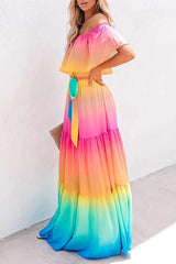 Elegant Off Shoulder Rainbow Dress