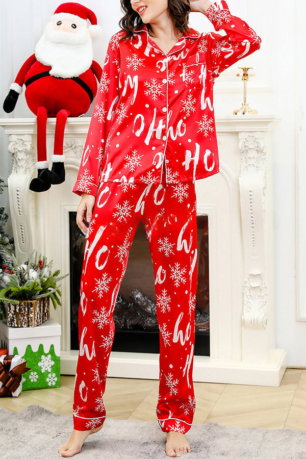 Holiday Traditions Button Up Shirt Elastic Waist Pocketed Pajama Set