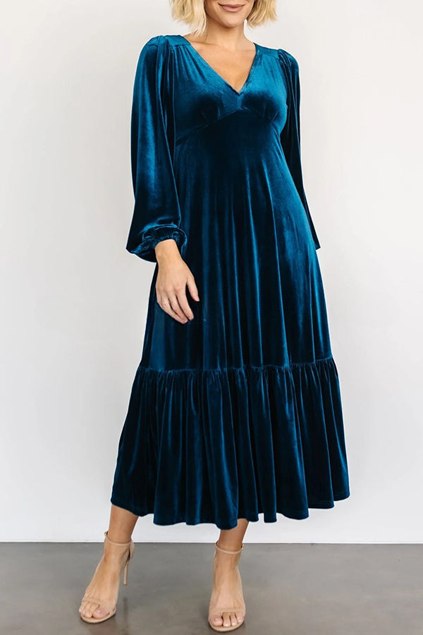 Erika Puff Sleeved Velvet Ruffled Midi Dress