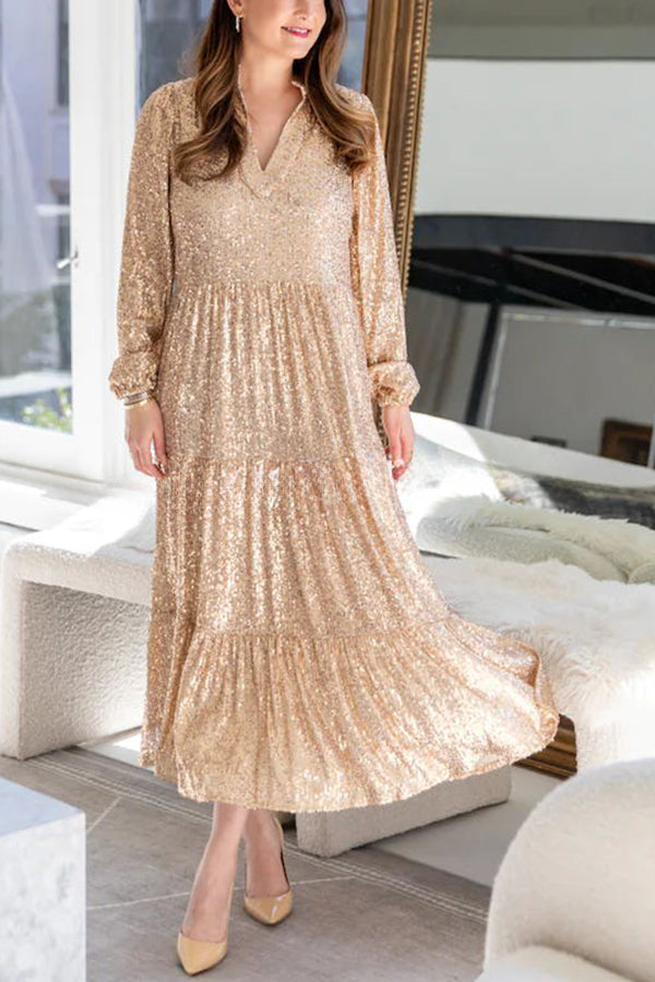 Shimmer and Shine Sequin Pocketed Tiered Party Holiday Midi Dress