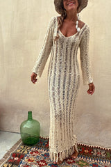 Somewhere Sunny Hollow Out Tassel Long Sleeve Knit Beach Maxi Dress