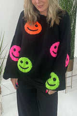 Smiley Face Knit Dropped Shoulders Loose Pullover Sweater