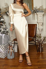 Slanted Shoulder Satin Dress