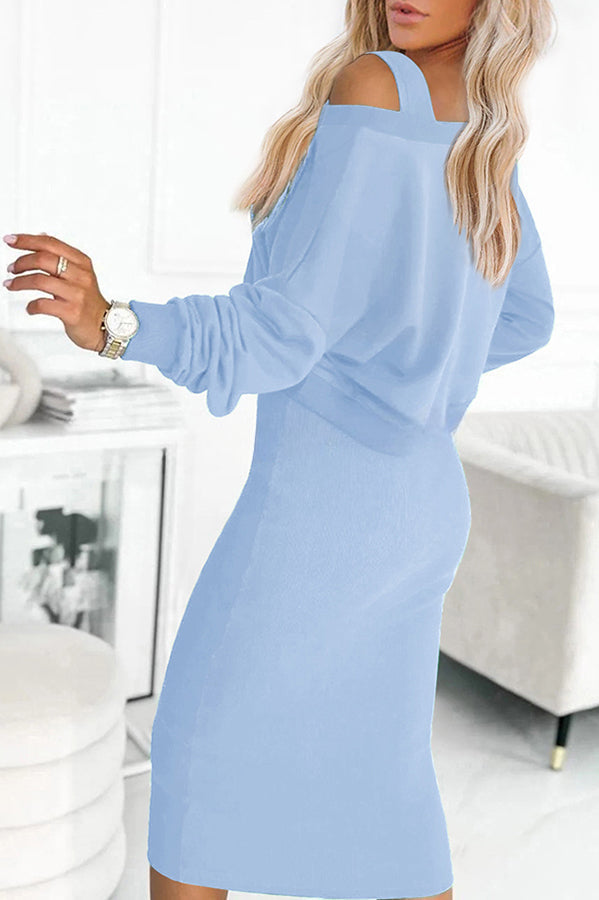 Solid Color Loose Hoodie and Stretch Tank Midi Dress Set