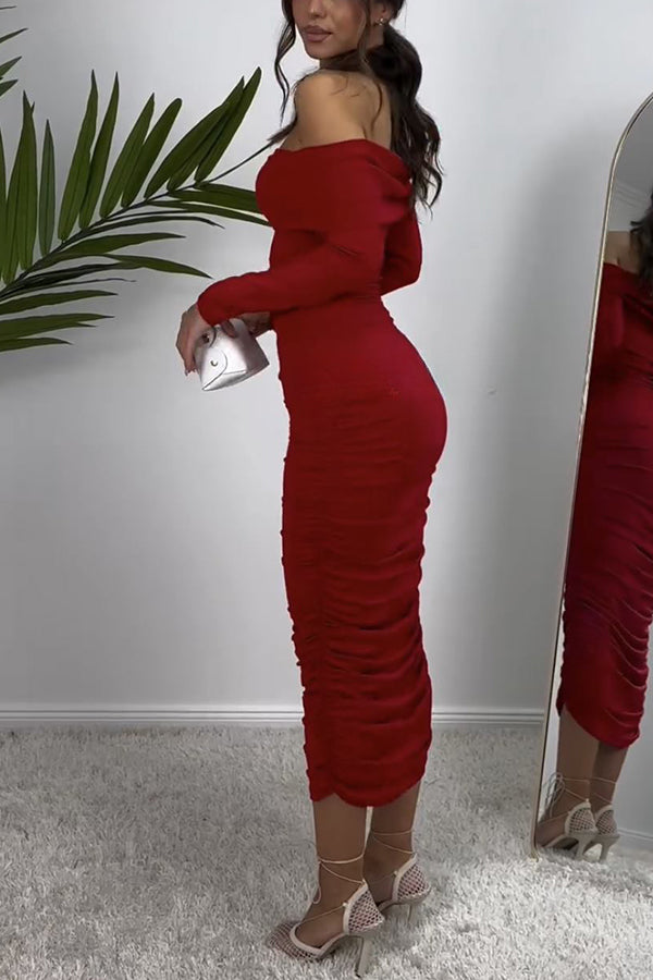 Desirable Beauty Off Shoulder Long Sleeve Ruched Stretch Maxi Dress