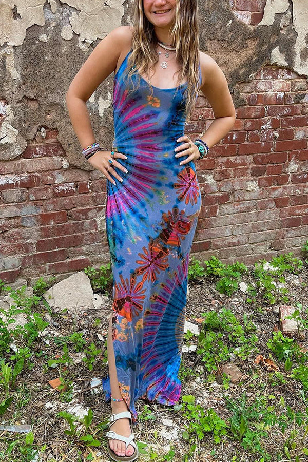 Tuscan Vibes Tie-dye Print Back Lace-up Slit Stretch Maxi Dress