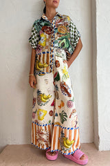 Perfect Day Linen Blend Tropical Fruit Print Elastic Waist Pocketed Wide Leg Pants