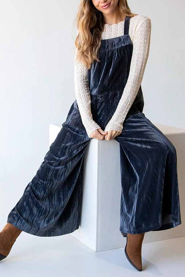 Comfy and Cute Velvet Tie-Back Pocketed Wide Leg Overalls