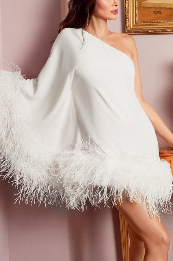 Vegas Living One Shoulder Feather Hem Party Mini Dress