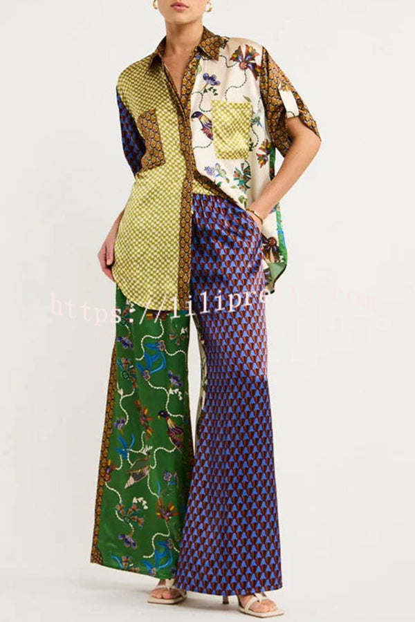 Nia Satin Unique Print Patchwork Elastic Waist Pocketed Wide Leg Pants