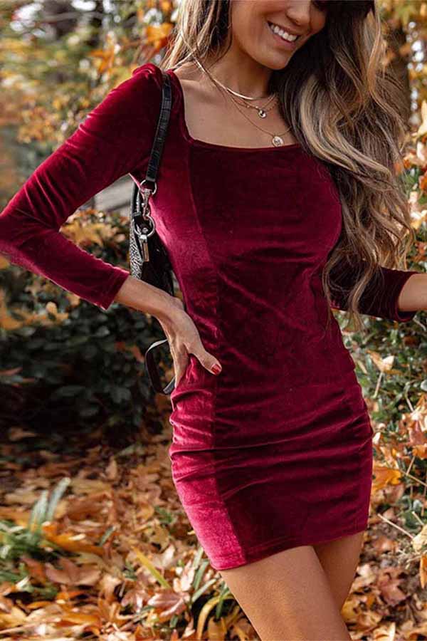 Dreamy Afternoon Stretch Square Collar Velvet Dress