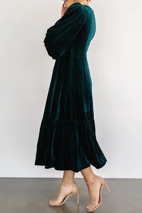 Erika Puff Sleeved Velvet Ruffled Midi Dress