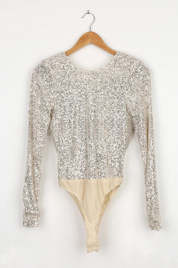 Midnight in London Silver Sequin Cowl Back Bodysuit