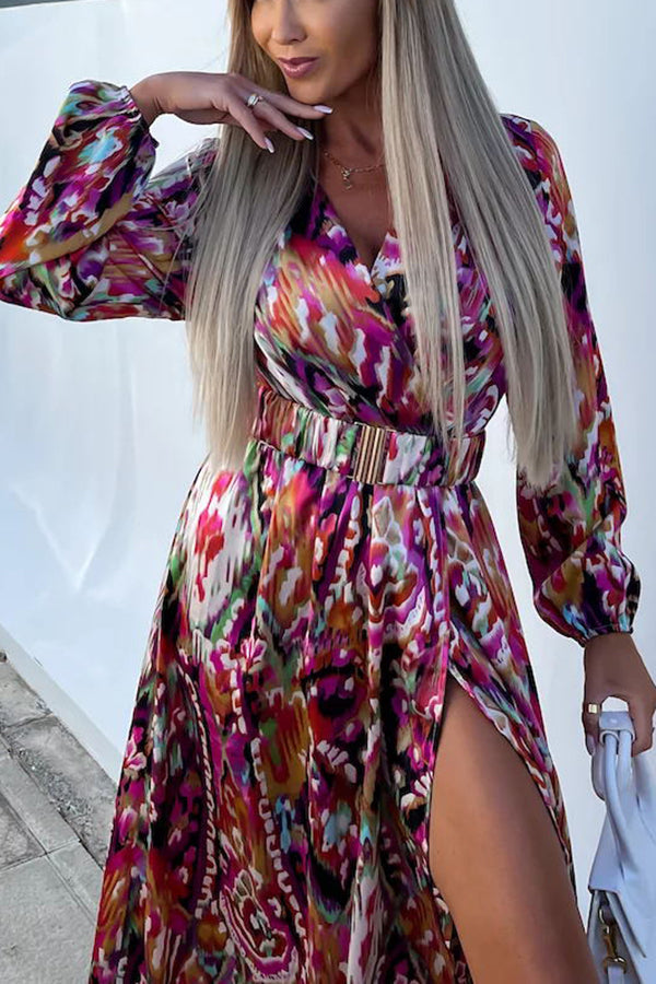 Heart of Paradise Printed Belted Slit Maxi Dress