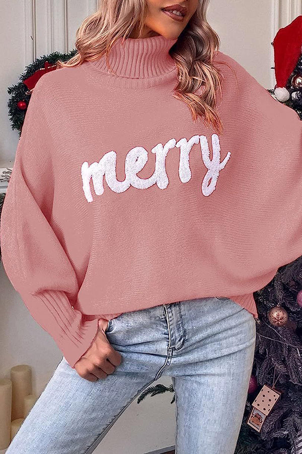 Happy Holidays Contrast Monogram Turtleneck Dolman Sleeve Sweater