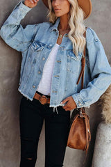 Versatile Washed Frayed  Denim Coat