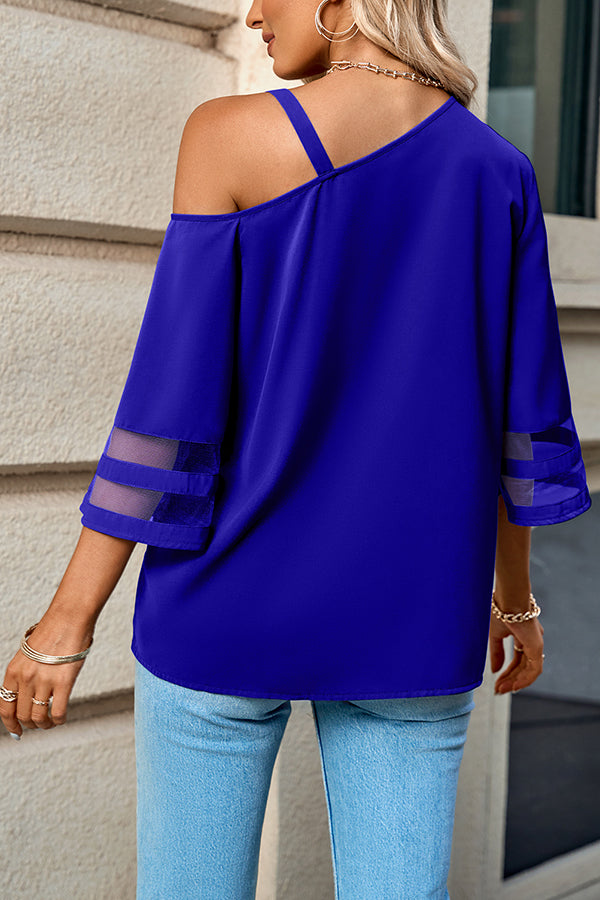 Judith Metal Buckle One Shoulder Mesh Sleeve Blouse