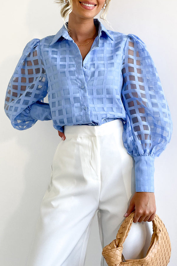 Town Kisses Square Patterned Sheer Long Sleeve Blouse