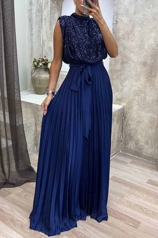 See You At The Party Sequin Patchwork Belt Pleated Maxi Dress