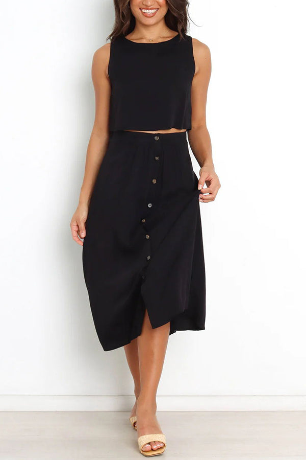 Lainey Crop Top and Pocketed Button Front Midi Skirt Set