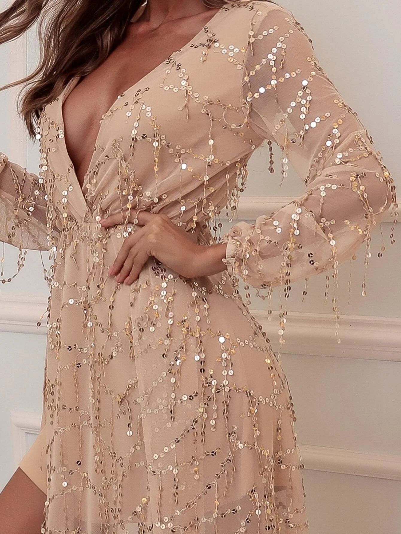 Plunging Neck Wrap Hem Sequin Maxi Dress FT2901