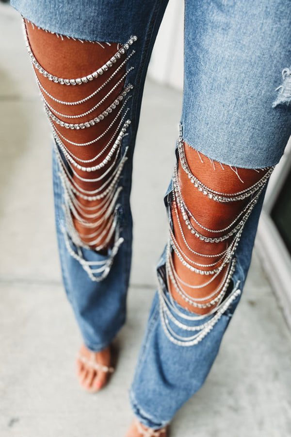 Dripping Diamonds Chain Cut Out Side Pocket Straight Leg Jeans