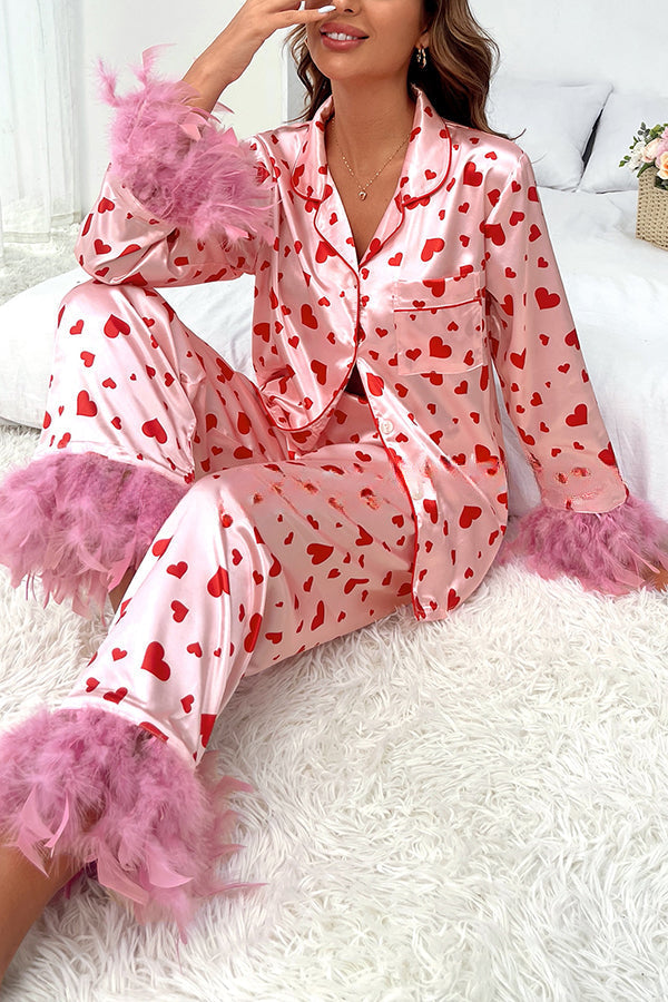 Cater To You Heart Printed Feather Trim Shirt Elastic Waist Pocket Pajama Set