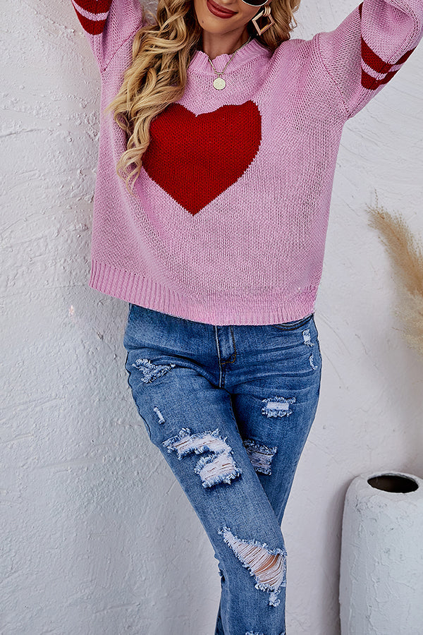 Contrast Color Round Neck Pullover Love Heart Knitted Long Sleeved Sweater