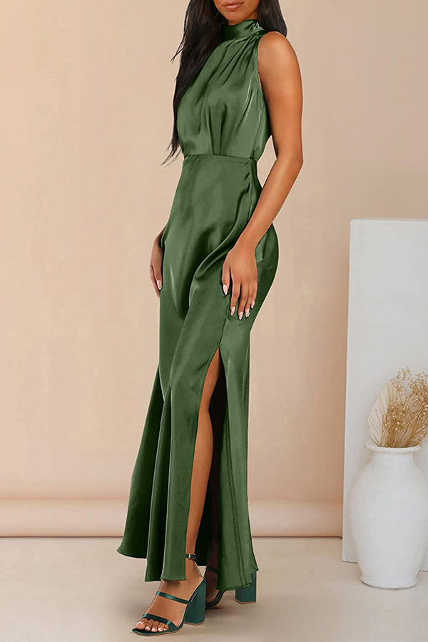 The Story of Us Satin High Neck Slit Maxi Dress